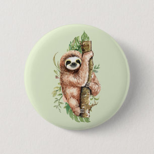 Badge Rond 5 Cm Aquarelle mignonne Sloth & Feuilles tropicaux