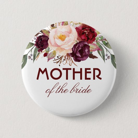 Badge Rond 5 Cm Aquarelle rouge Bourgogne Fleurs Mariage élégant (Devant)