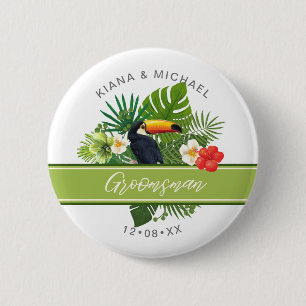 Badge Rond 5 Cm Aquarelle Tropical avec Toucan Groomsman Green ID5