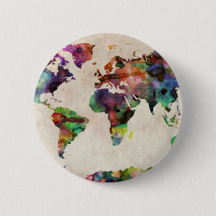 Badge Rond 5 Cm Aquarelle urbaine de carte du monde