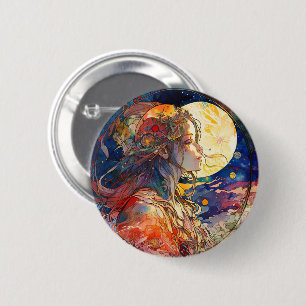 Badge Rond 5 Cm Aquarelle vibrante du bouton Fille et Lune