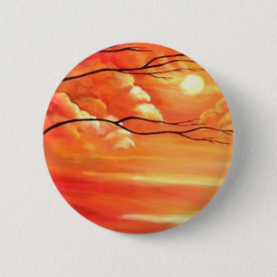 Badge Rond 5 Cm Arbre Abstrait et coucher de soleil rouge