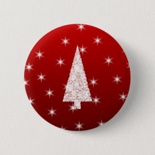 Badge Rond 5 Cm Arbre de Noël blanc avec des étoiles sur le roug
