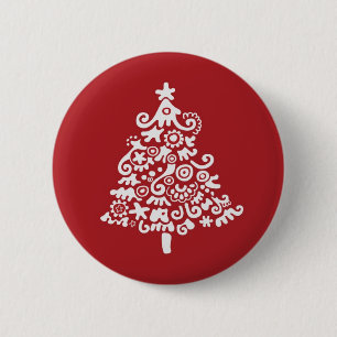 Badge Rond 5 Cm Arbre de Noël blanc et rouge