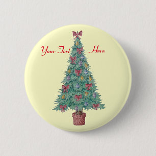 Badge Rond 5 Cm arbre de noël décoré avec cloches à arcs rouges