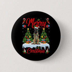 Badge Rond 5 Cm Arbre de Noël lumières Santa Chien Malinois Belge