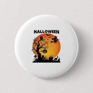 Badge Rond 5 Cm Arbre effrayant Halloween Sorcière volante Lune or