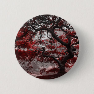 Badge Rond 5 Cm Arbre rouge en fleurs de cerisiers
