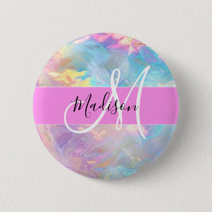 Badge Rond 5 Cm Arc-en-ciel Girly Holographique Iridescent Monogra