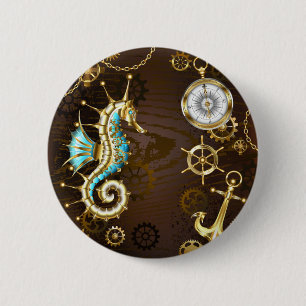 Badge Rond 5 Cm Arrière - plan en bois avec cheval de mer mécaniqu