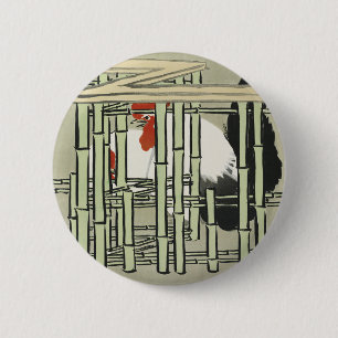 Badge Rond 5 Cm Art de coq japonais vintage derrière une clôture e
