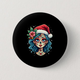 Badge Rond 5 Cm Art de crâne de sucre de Noël Femme Chapeau de Pèr