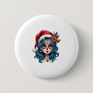 Badge Rond 5 Cm Art de crâne de sucre de Noël Femme Chapeau de Pèr