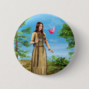 Badge Rond 5 Cm Art de femme amérindienne forêt oiseau