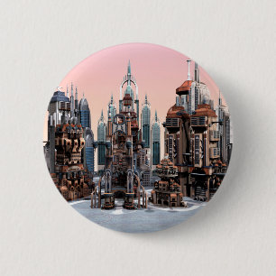 Badge Rond 5 Cm Art de la skyline de ville futuriste pastel fantas
