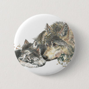 Badge Rond 5 Cm Art de loup de mère d'aquarelle et d'animal de CUB