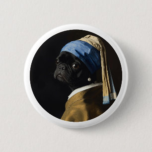 Badge Rond 5 Cm Art de pug noir inspiré du portrait de perle class