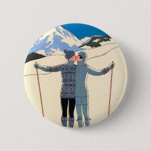 Badge Rond 5 Cm Art Déco vintage, Amants dans la neige par George 