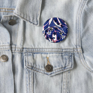 Badge Rond 5 Cm Art floral neuro maximaliste - Bleu rose blanc