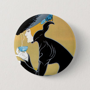 Badge Rond 5 Cm Art Nouveau vintage, Lady Boire Marco Polo Thé