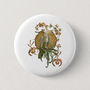 Badge Rond 5 Cm Art Nouveau vintage, oiseau cacatoès, fleurs d'orc
