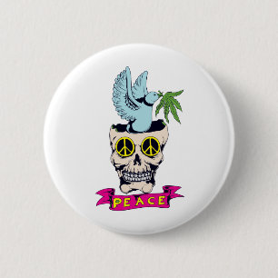 Badge Rond 5 Cm art vectoriel crâne de paix rétro hippie