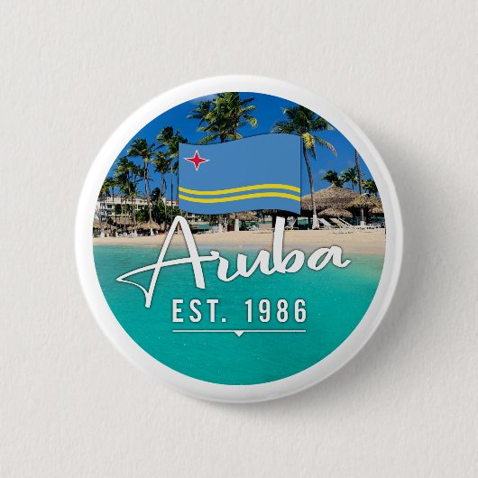 Badge Rond 5 Cm "Aruba Est. Plage Drapeau 1986" (Devant)