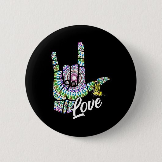 Badge Rond 5 Cm ASL Love You Main Sign Language Butterfly Deaf Awa (Devant)