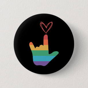 Badge Rond 5 Cm ASL - Symbole d'amour arc-en-ciel Sourd