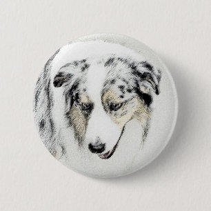 Badge Rond 5 Cm Australian Shepherd Painting - Original Dog Art