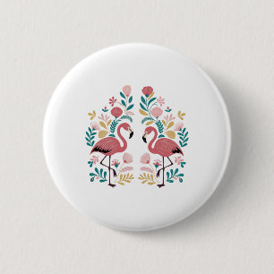 Badge Rond 5 Cm Autocollant Deux Flamants Roses