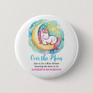 Badge Rond 5 Cm Baby Shower Dans la Lune – Licorne Endormie 