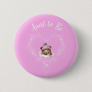 Badge Rond 5 Cm Baby shower d'ours en peluche rose enneigé