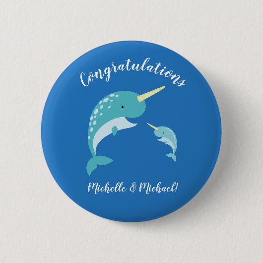 Badge Rond 5 Cm Baby shower Narwhal Bleu Garçon mignon (Devant)