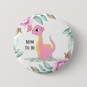 Badge Rond 5 Cm Baby shower papillon Dinosaure rose pâle