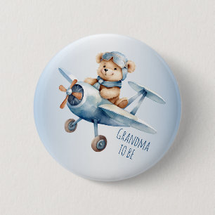 Badge Rond 5 Cm Baby shower Partie Bébé Ours Pilote Avion bleu