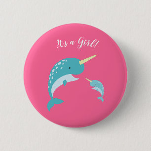 Badge Rond 5 Cm Baby shower rose Narwhal