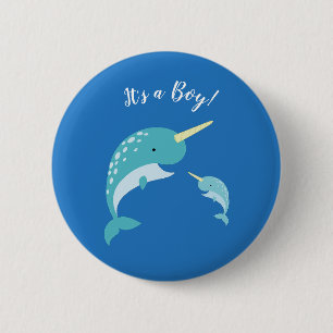 Badge Rond 5 Cm Baleine à Baby shower bleu de Narwhal