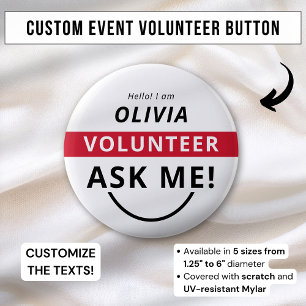 Badge Rond 5 Cm Balise de nom d'événement White Red Ask Me Volunte
