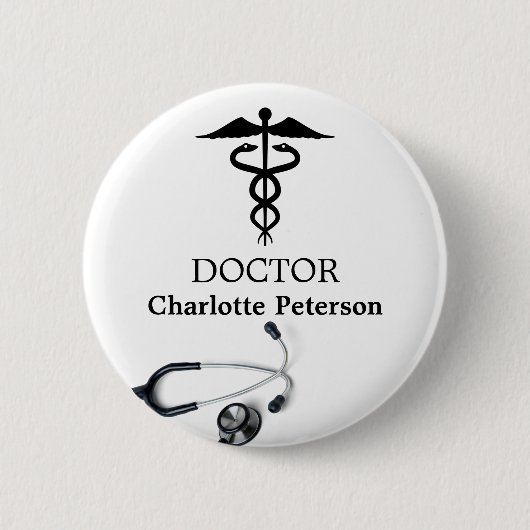 Badge Rond 5 Cm Balise de nom du médecin Stethoscope Caduceus (Devant)