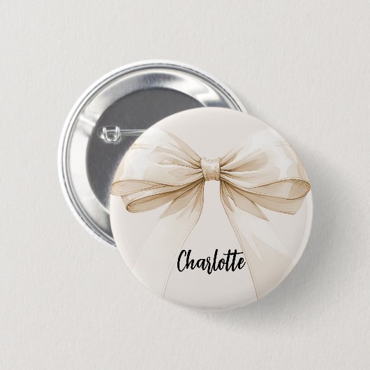 Badge Rond 5 Cm Balise nom crème beige bow (Devant & derrière)