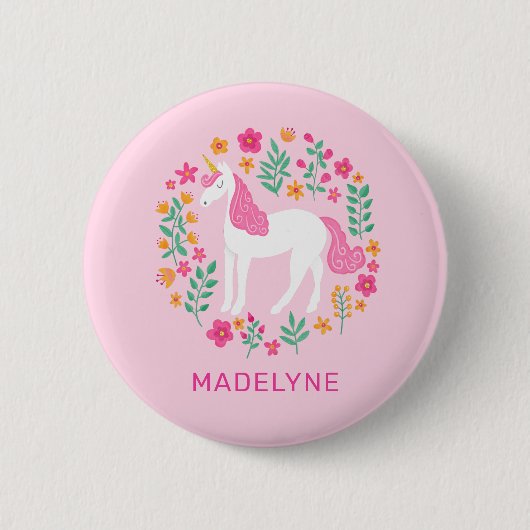 Badge Rond 5 Cm Balise Nom Fleurs Unicorne Rose Cute (Devant)