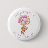 Badge Rond 5 Cm Ballons Ours Teddy Rose 1er Anniversaire (Devant)