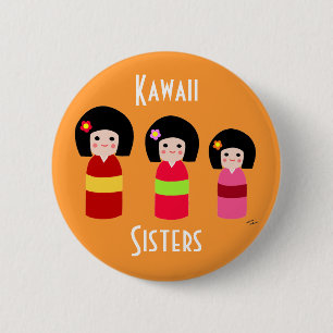 Badge Rond 5 Cm Bande dessinée de soeurs de poupée de Kokeshi