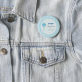 Badge Rond 5 Cm Baptême de garçon en dentelle bleue (En situation)