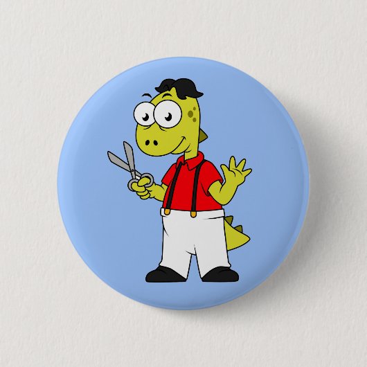 Badge Rond 5 Cm Barbier À Rex Tyrannosaurus Avec Ciseaux. (Devant)