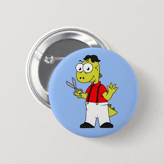 Badge Rond 5 Cm Barbier À Rex Tyrannosaurus Avec Ciseaux. (Devant & derrière)