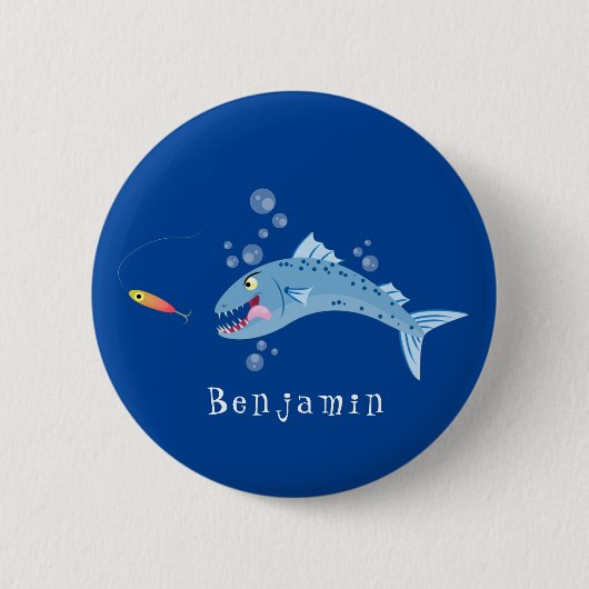 Badge Rond 5 Cm Barracuda poisson affamé de la pêche dessin animé (Devant)