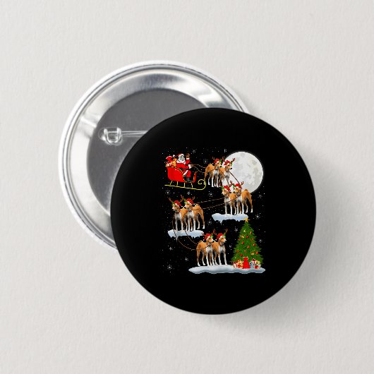 Badge Rond 5 Cm Basenji Dog Santa Sleigh Flying Funny Magical Chri (Devant & derrière)