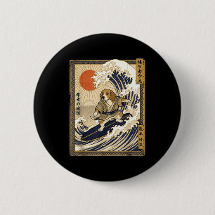 Badge Rond 5 Cm Beagle japon surf kanagawa vague drôle samouraï